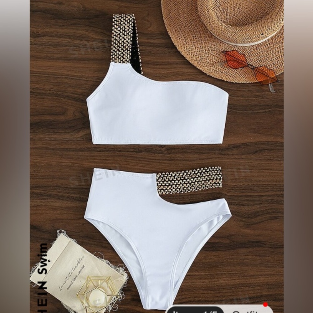 XS SHEIN Swim Bikini Set One Shoulder Bra Top & Cut Out High Waist Bikini